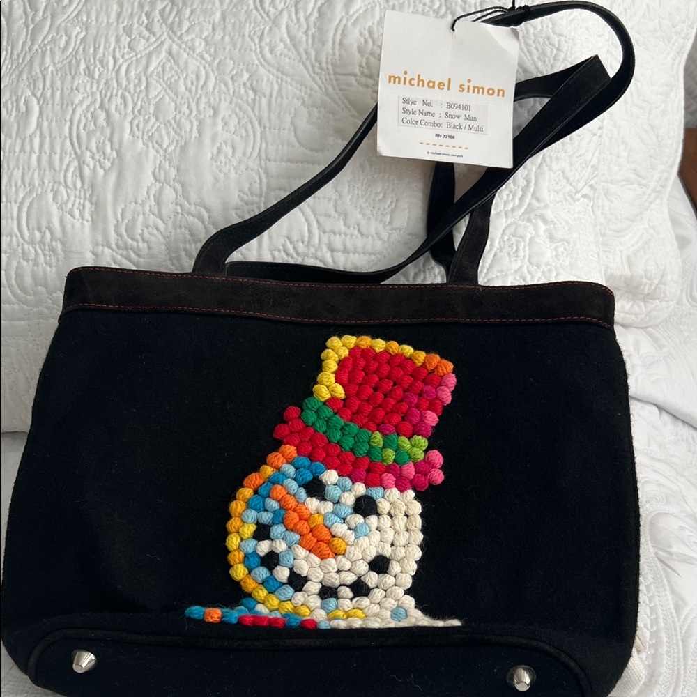 Michael Simon Black Tote with Colorful Snowman Design